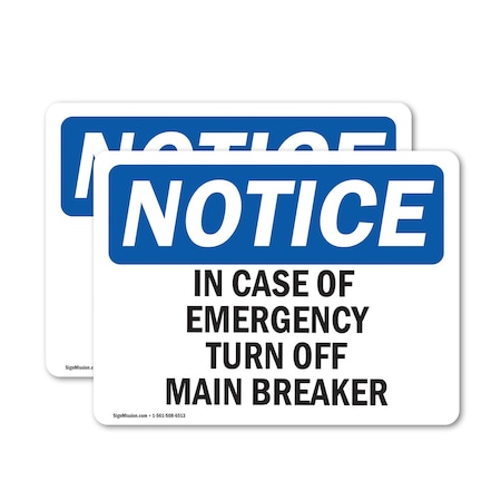 Signmission In Case Of Emergency Turn Off Main Breaker, 7 in W x Rectangle, Vinyl Decal OS-2PACK-NS-D-57-L-13668